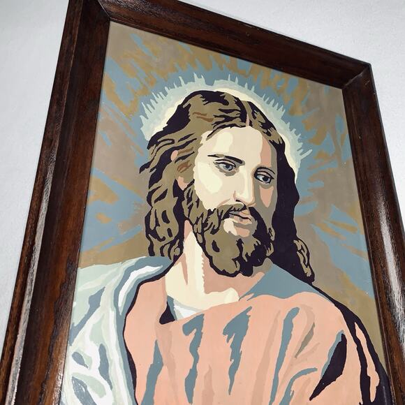 Vtg Jesus Paint By Number Art Completed Real Wood Frame PBN Painting 1958 Good - Picture 3 of 9